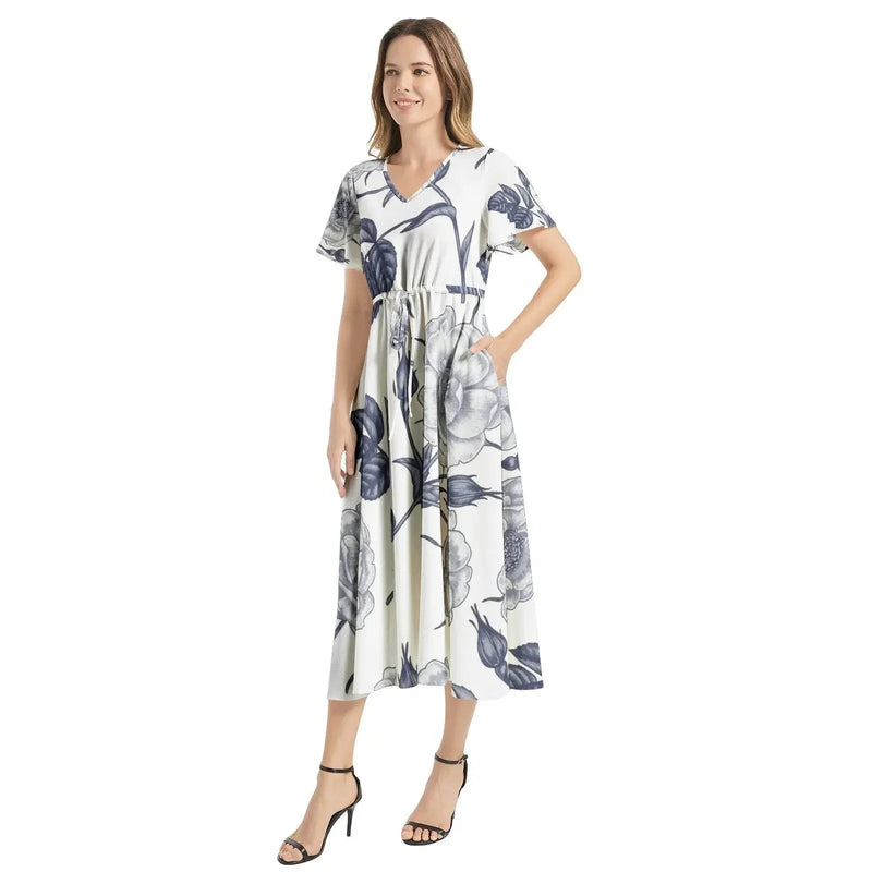 Floral Flutter Sleeve Drawstring Waist Flared Dress - IVORYNN