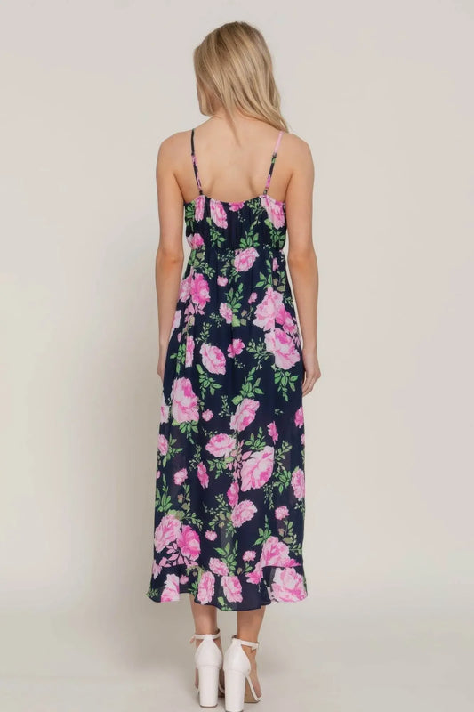 Floral Print Ruffle Slip Black Midi Dress - IVORYNN