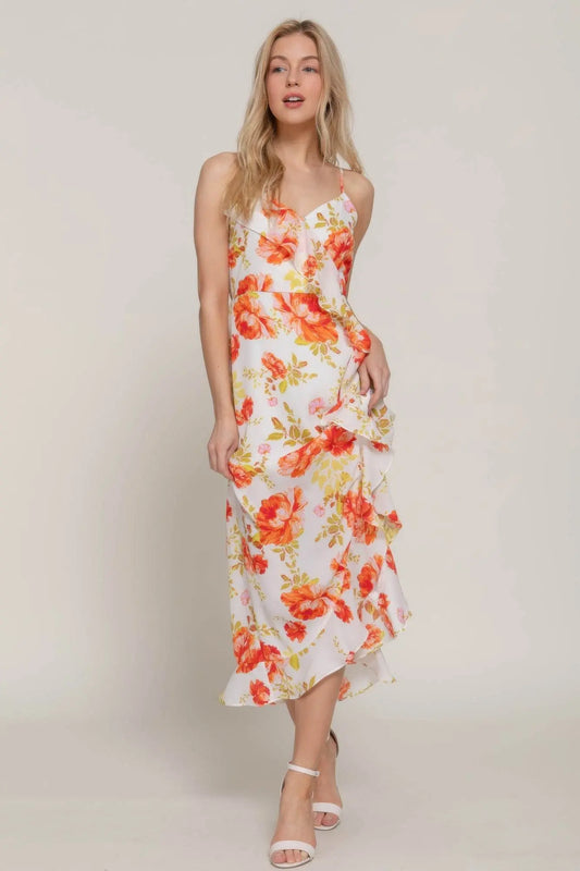Floral Print Ruffle Slip Midi Dress - IVORYNN
