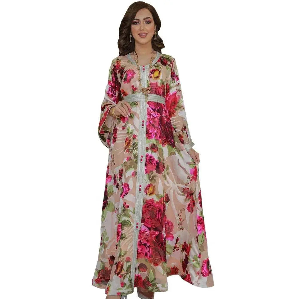 Floral Printed Luxury Belted Jalabiya - IVORYNN