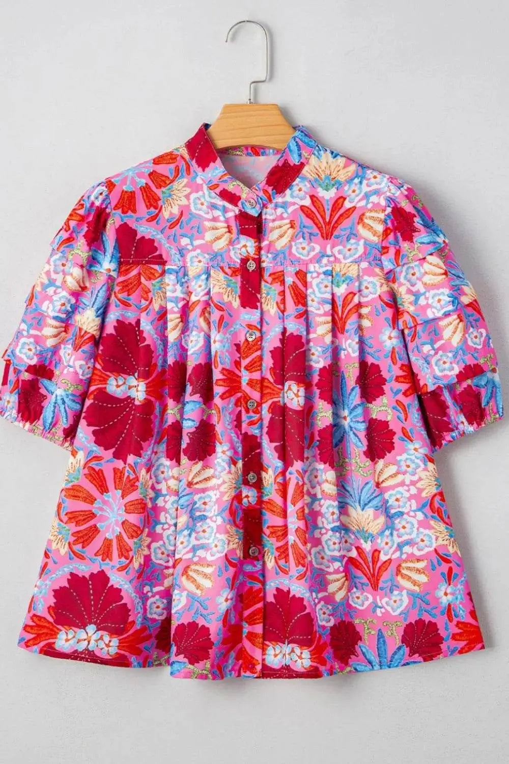 Floral Puff Sleeve Button-Up Blouses - IVORYNN