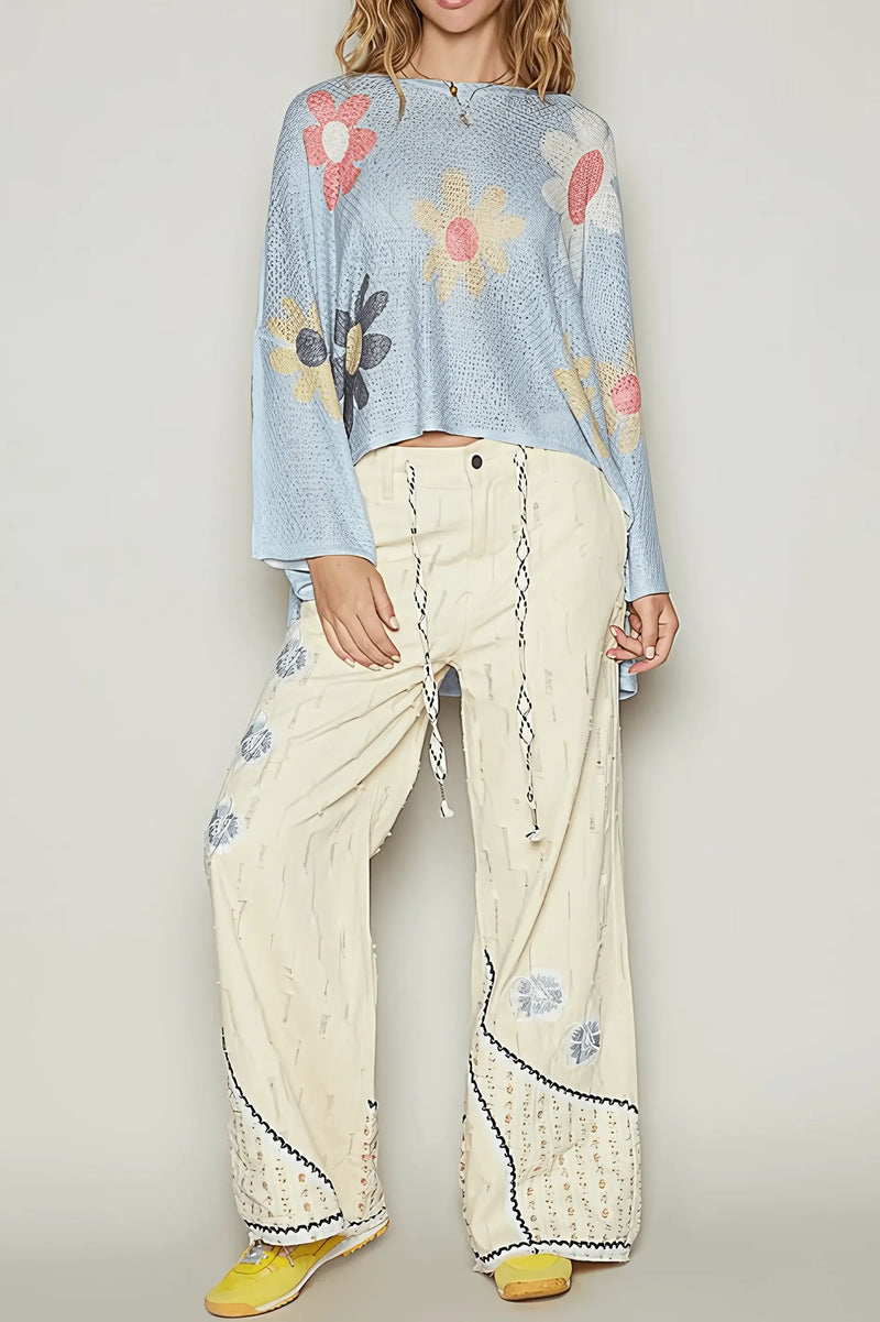 Flower Dropped Shoulder Long Sleeve Knit Sweater - IVORYNN