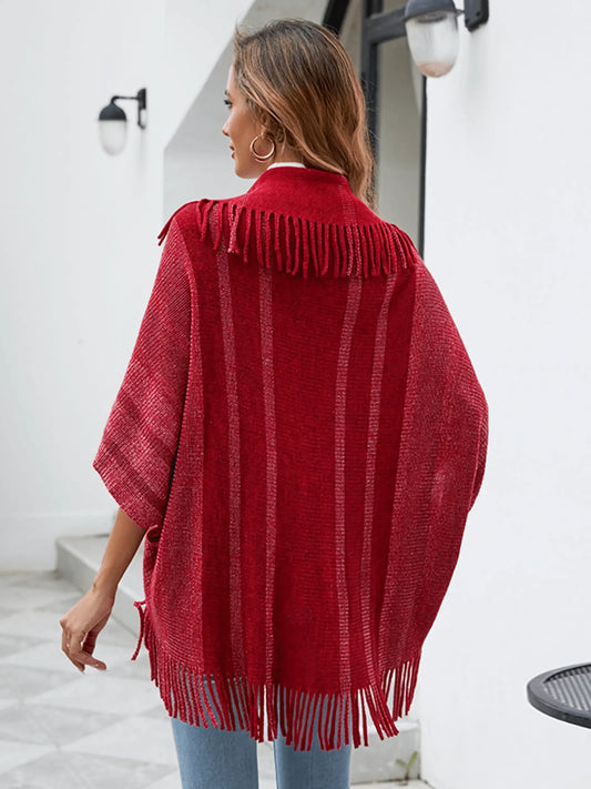 Fringe Detail Open Front Knitted Poncho - IVORYNN