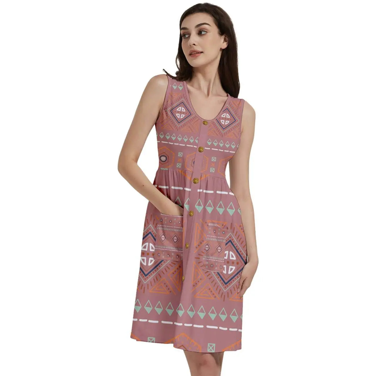 Gold buttons Sleeveless Old Rose Dress With Pocket - IVORYNN