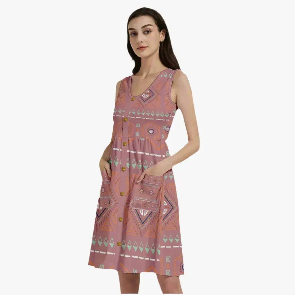 Gold buttons Sleeveless Old Rose Dress With Pocket - IVORYNN