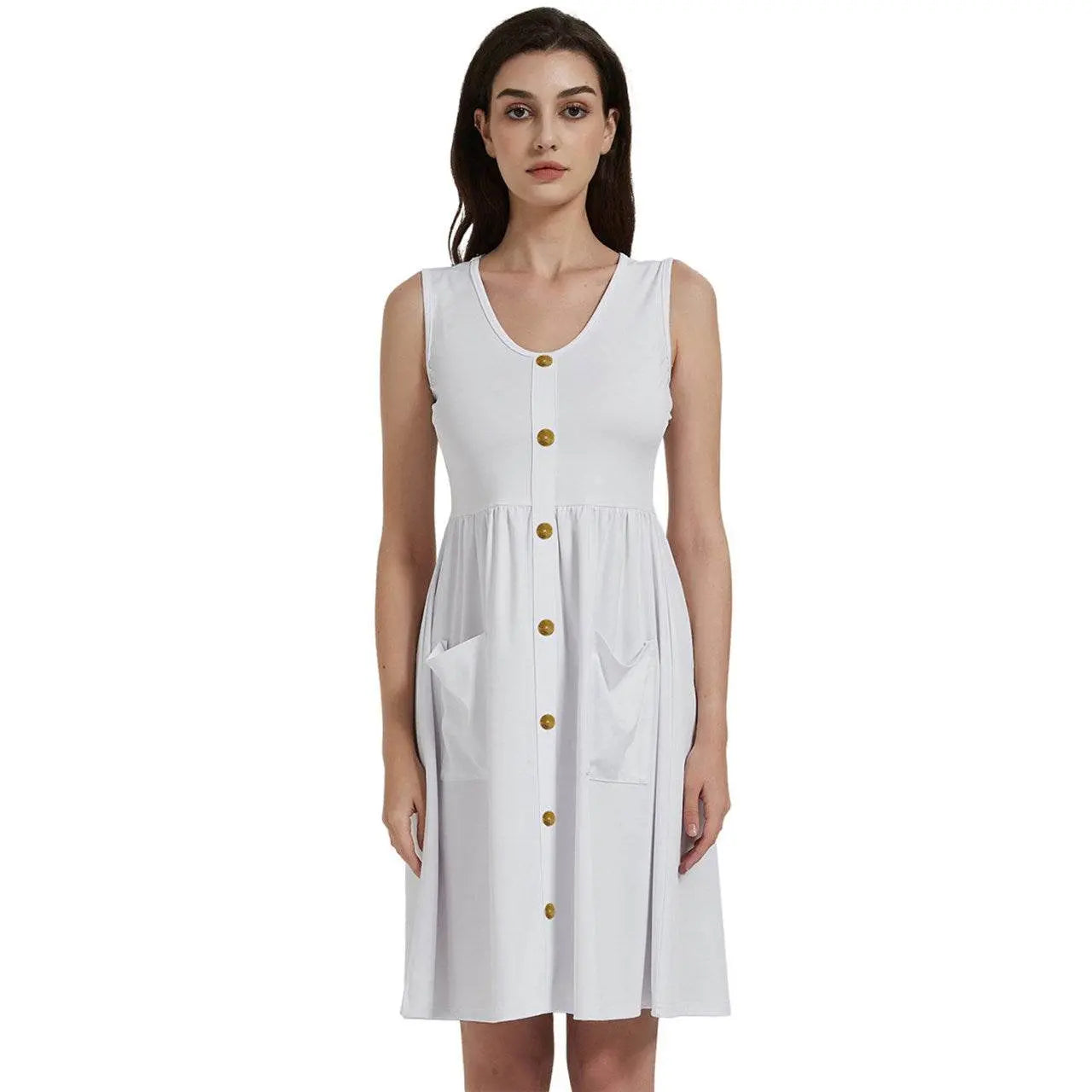 Gold buttons Sleeveless White Dress With Pocket - IVORYNN