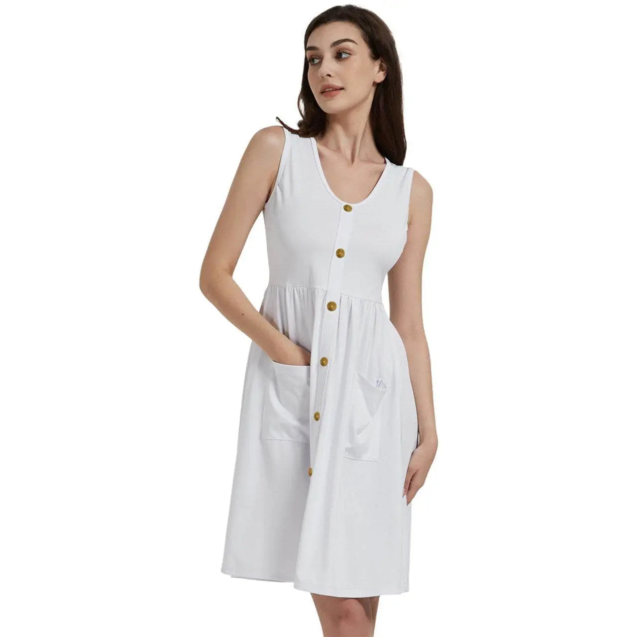 Gold buttons Sleeveless White Dress With Pocket - IVORYNN