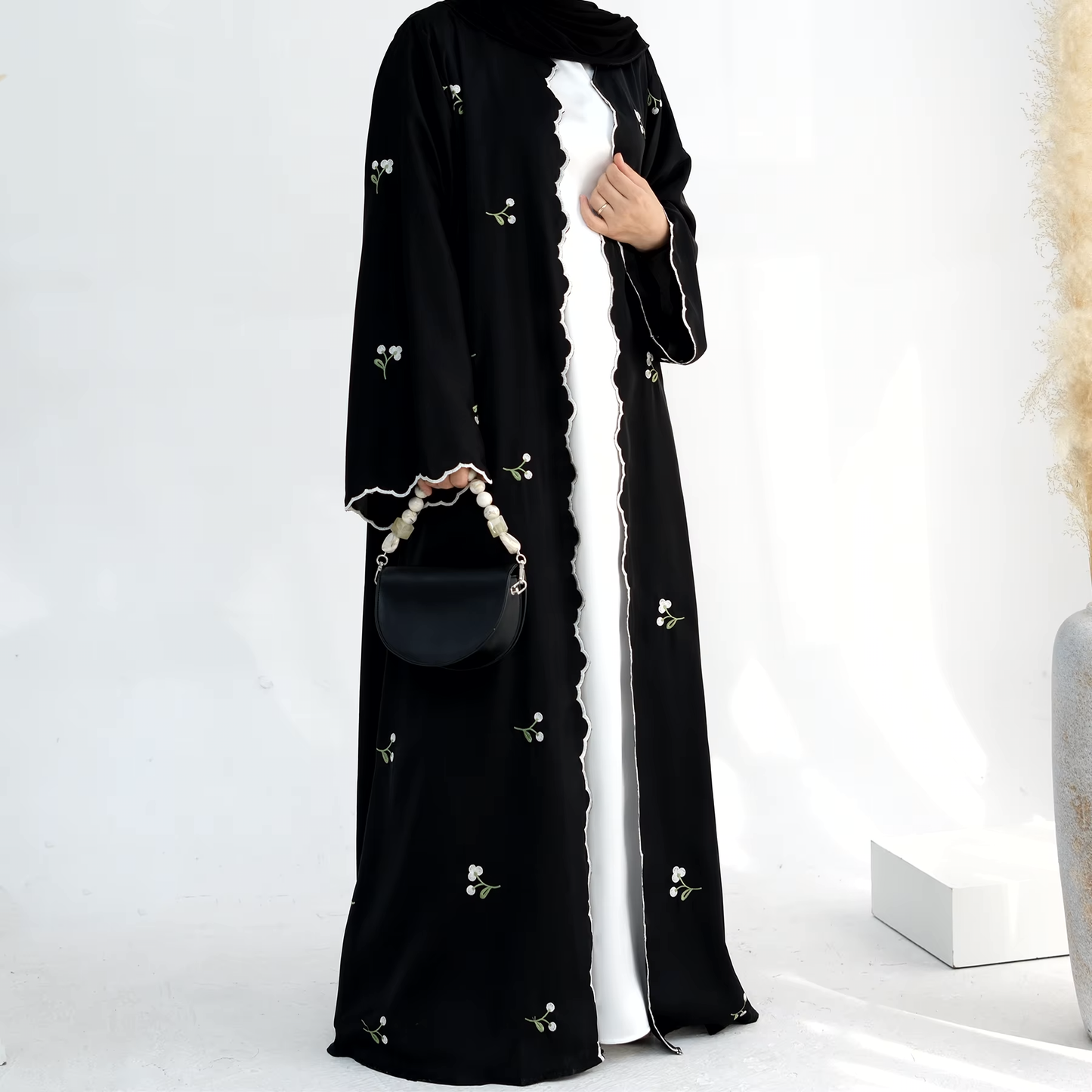 Luxury Flower Embroidery Modest Open Abaya