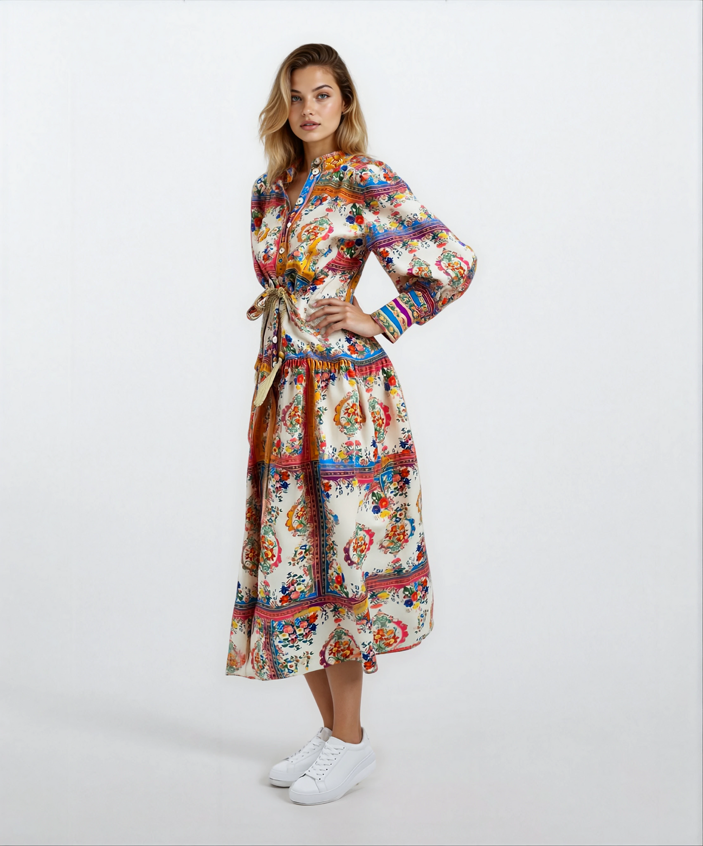 Stand-Up Collar Lantern Sleeve Long Skirt Vintage Dress