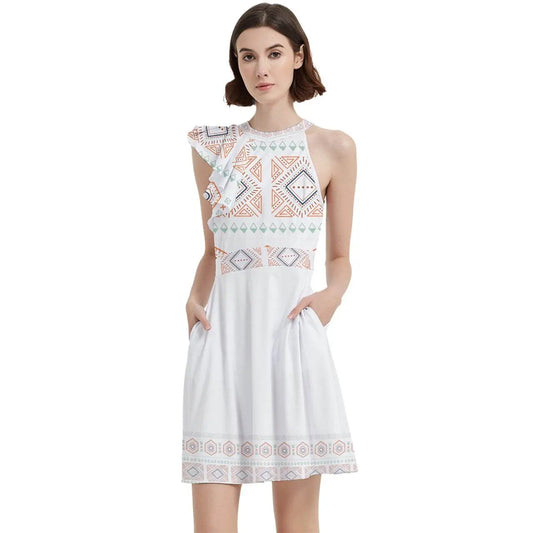 Halter Sleeveless Party Dress With Pockets - Egyptian White - IVORYNN