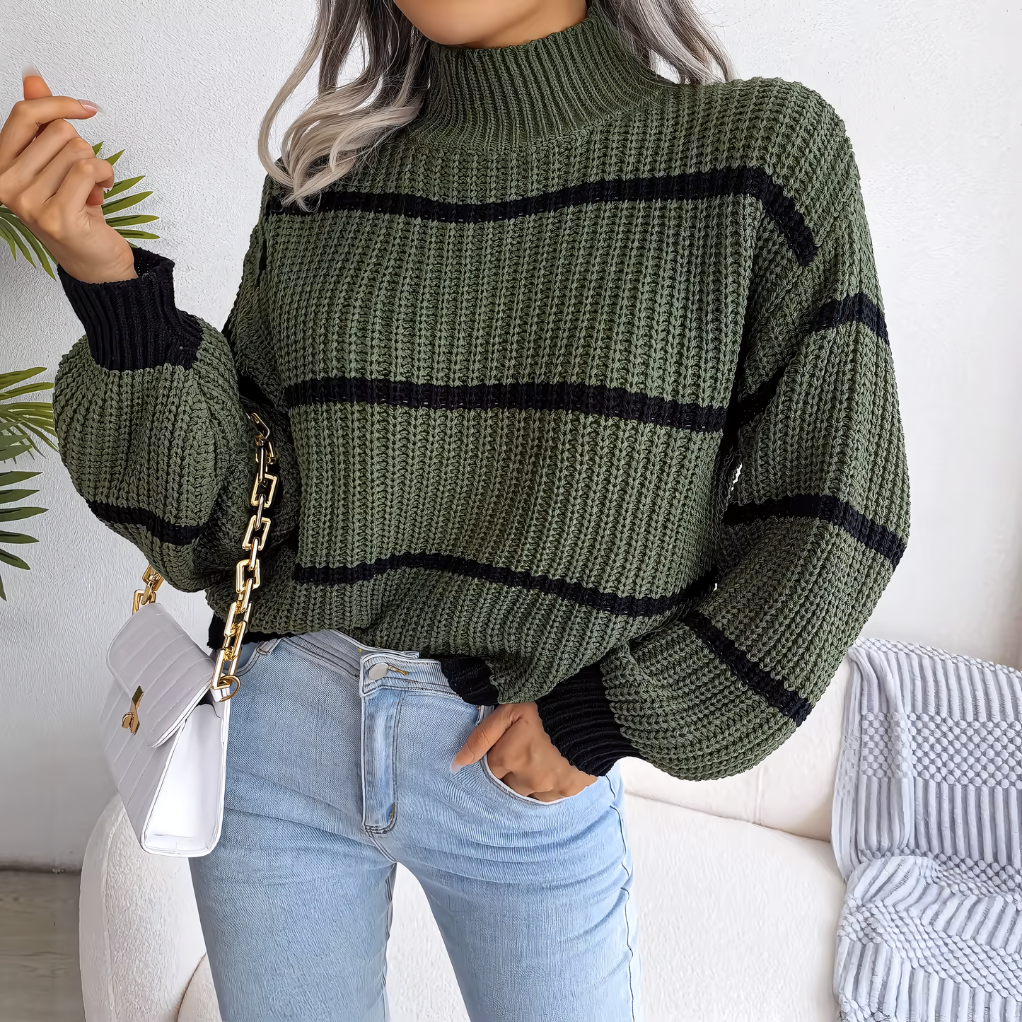 European Style Striped Lantern Sleeve Knitted Pullover