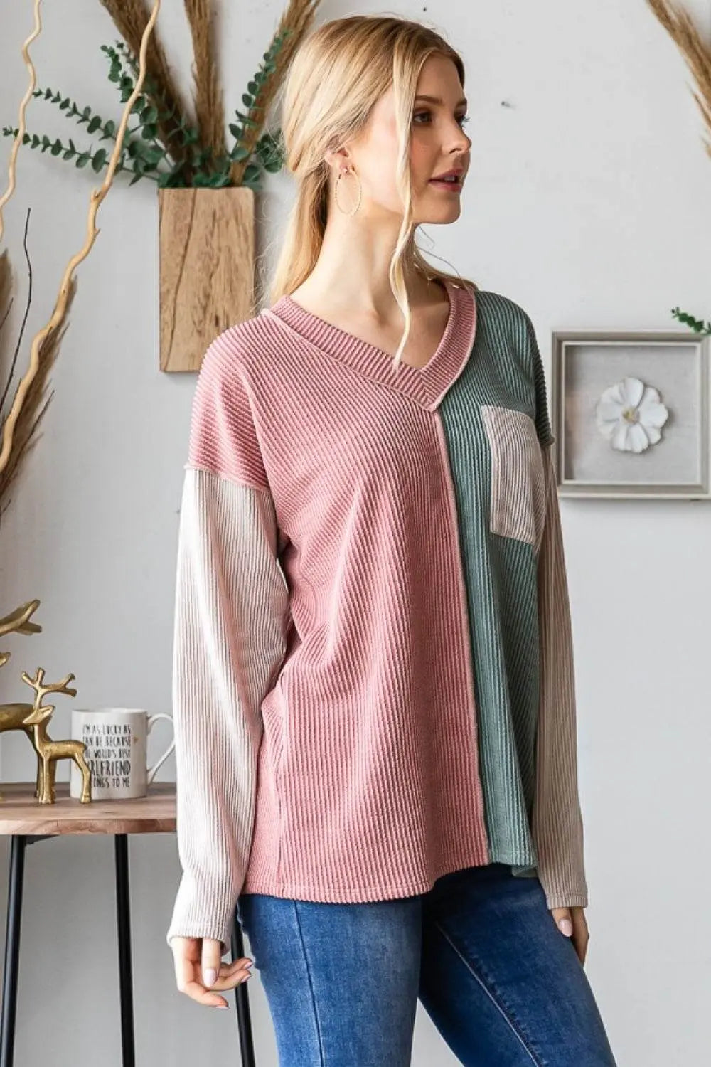 Heimish Color Block Exposed Seam Ribbed Sweatshirt - IVORYNN