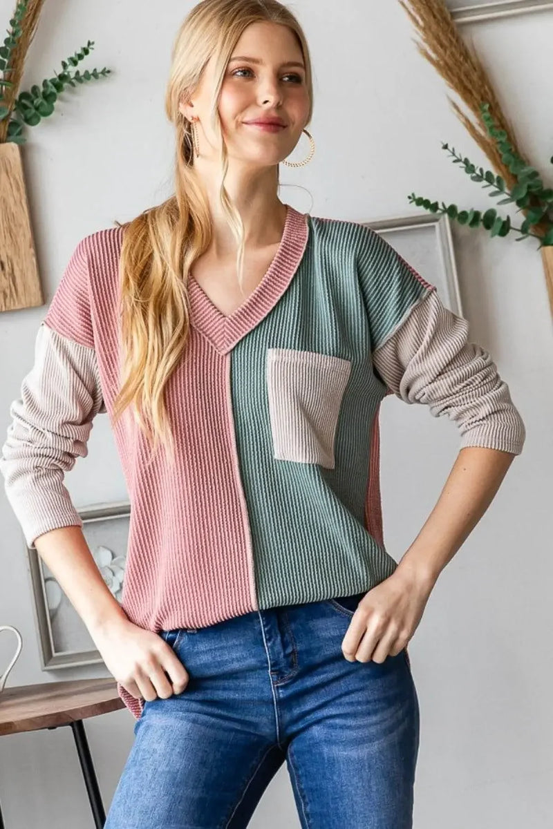 Heimish Color Block Exposed Seam Ribbed Sweatshirt - IVORYNN
