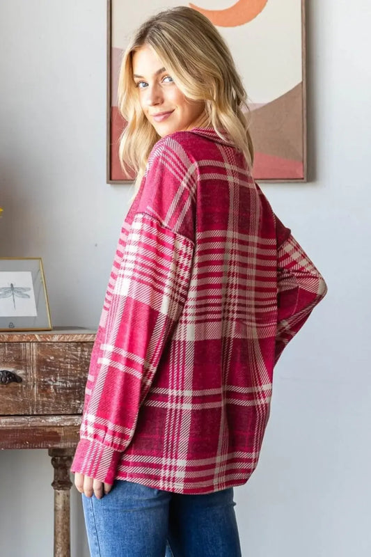 Heimish Plaid Drop Shoulder V-Neck Sweatshirt - IVORYNN