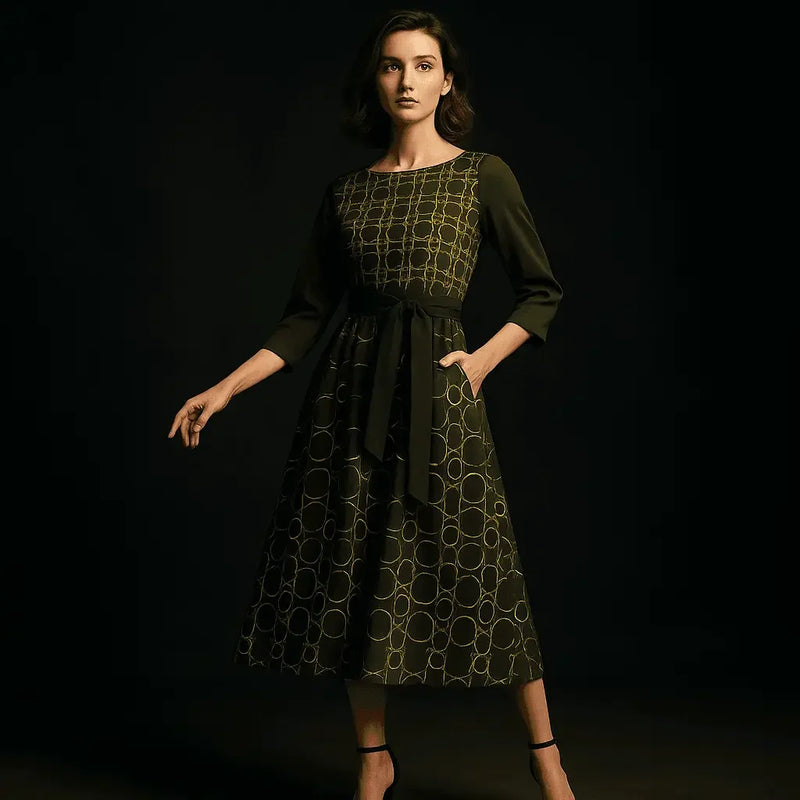 IVORY Boat Neck Belted Flared Black Dress - IVORYNN