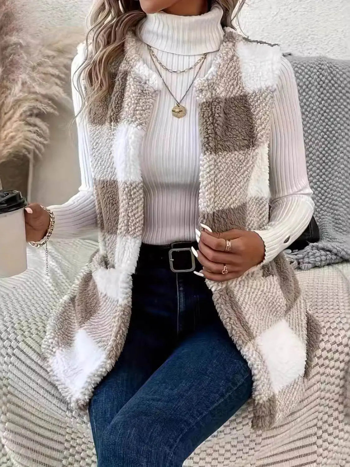 Knitted Plaid Open Front Vest Coat - IVORYNN