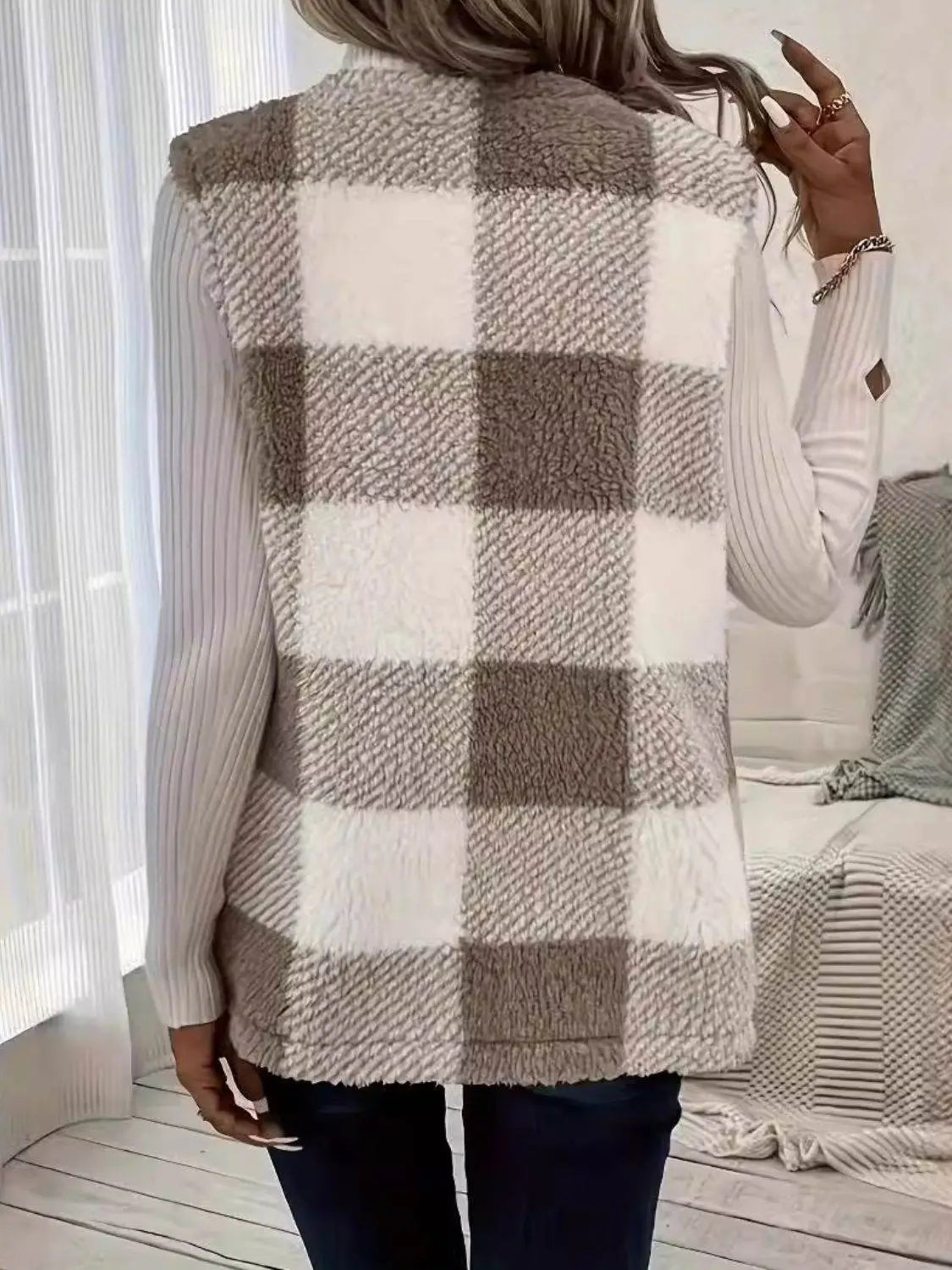 Knitted Plaid Open Front Vest Coat - IVORYNN