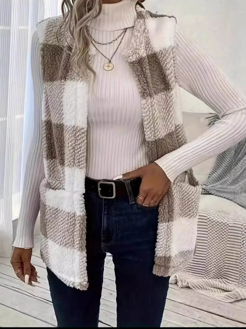 Knitted Plaid Open Front Vest Coat - IVORYNN