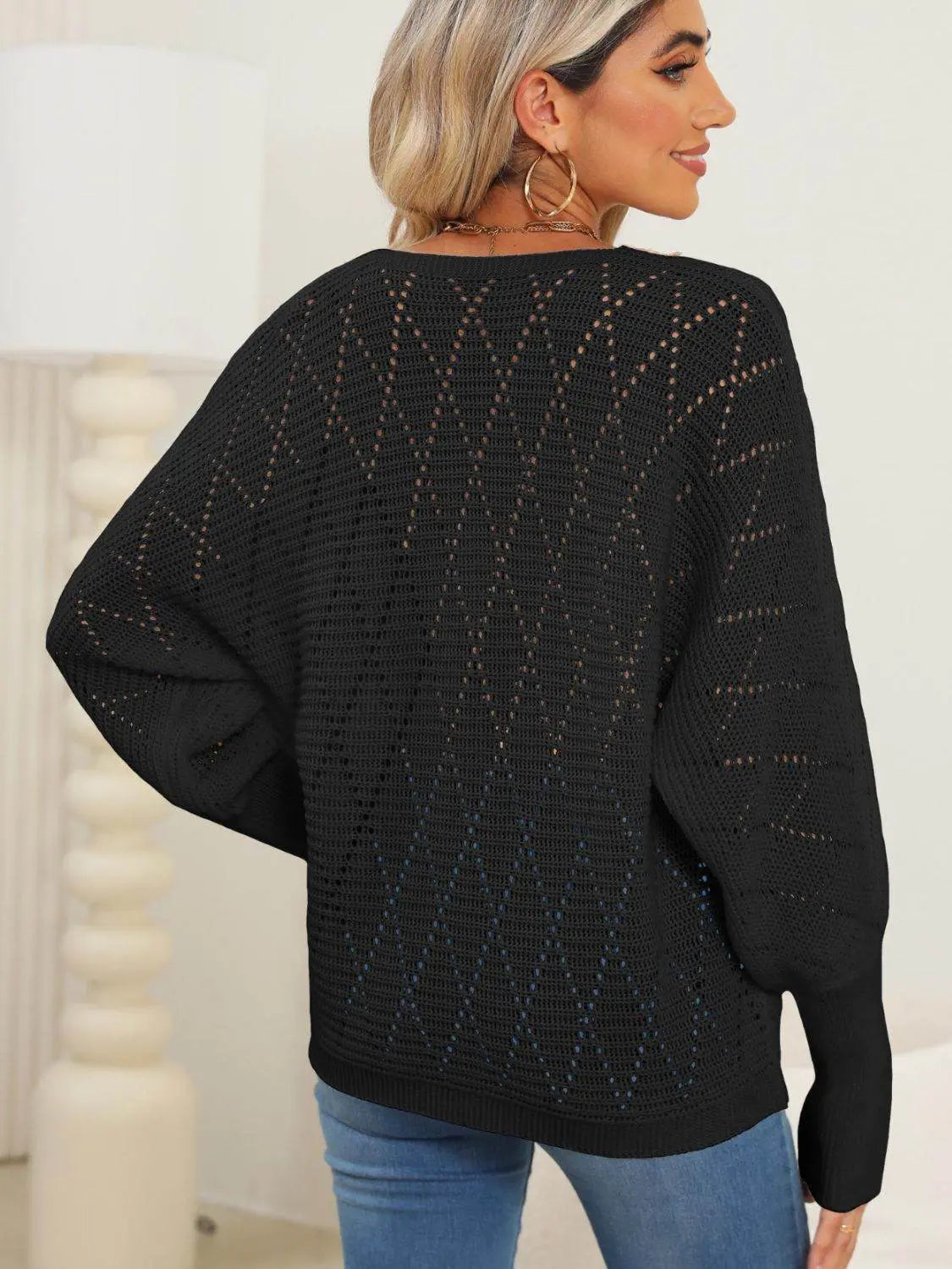 Lace Detail V-Neck Long Sleeve Sweater - IVORYNN