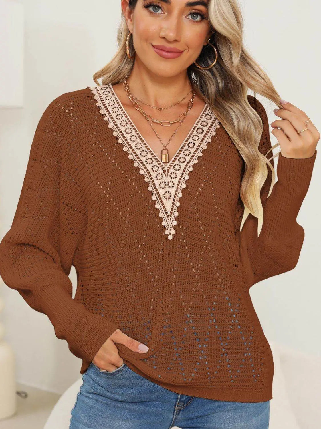 Lace Detail V-Neck Long Sleeve Sweater - IVORYNN