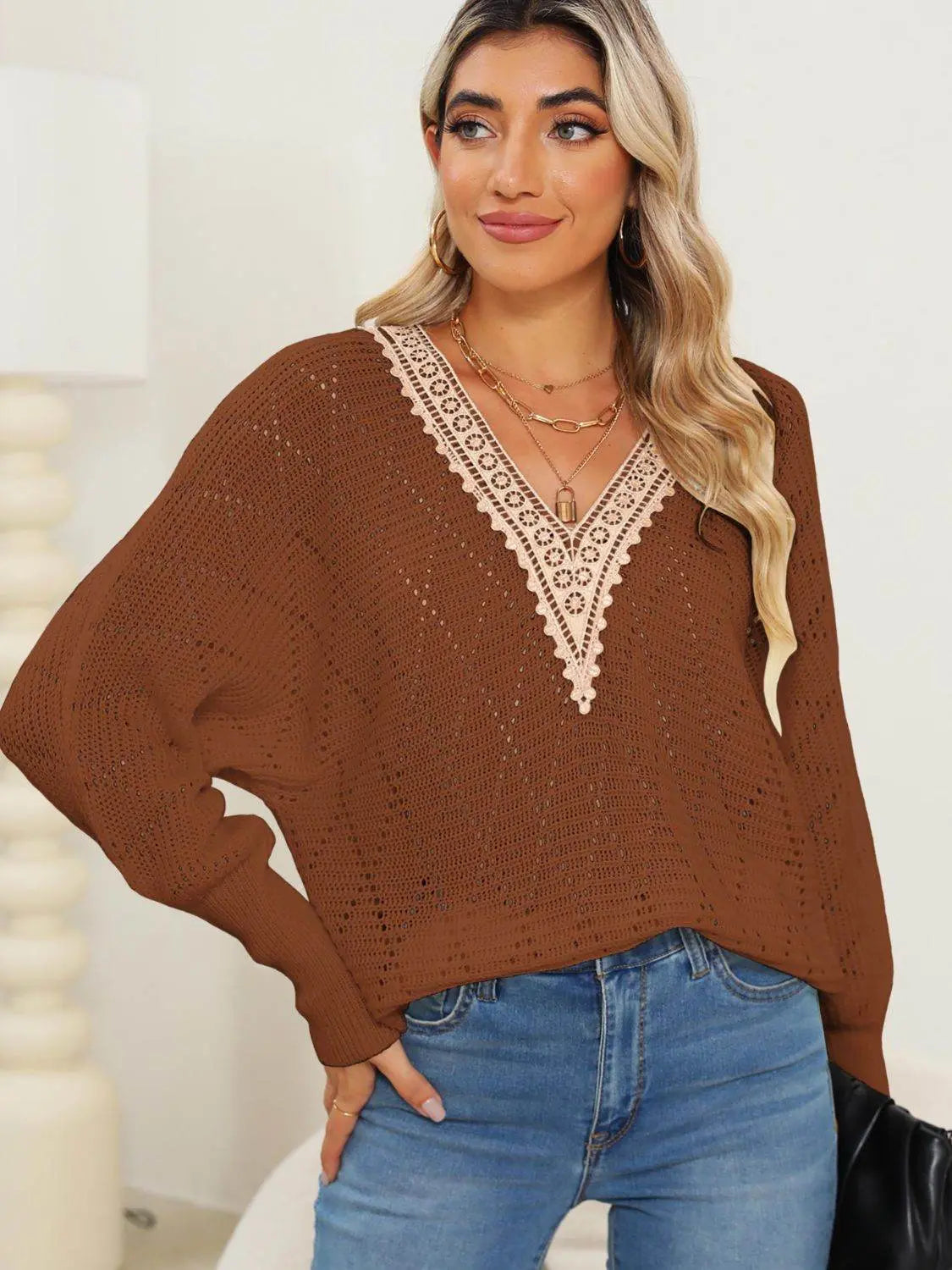 Lace Detail V-Neck Long Sleeve Sweater - IVORYNN