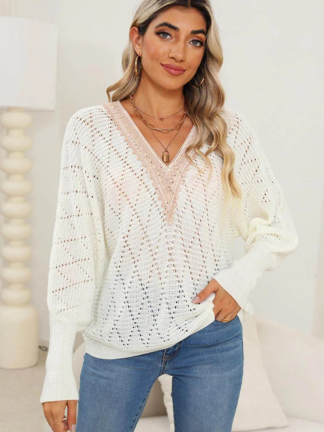 Lace Detail V-Neck Long Sleeve Sweater - IVORYNN