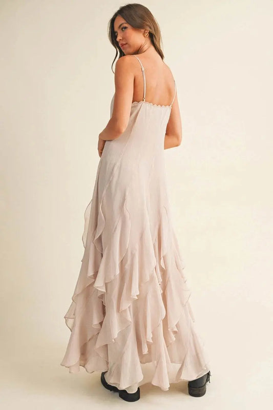 Lace V Neck Ruffled Cami Cream Dress - IVORYNN