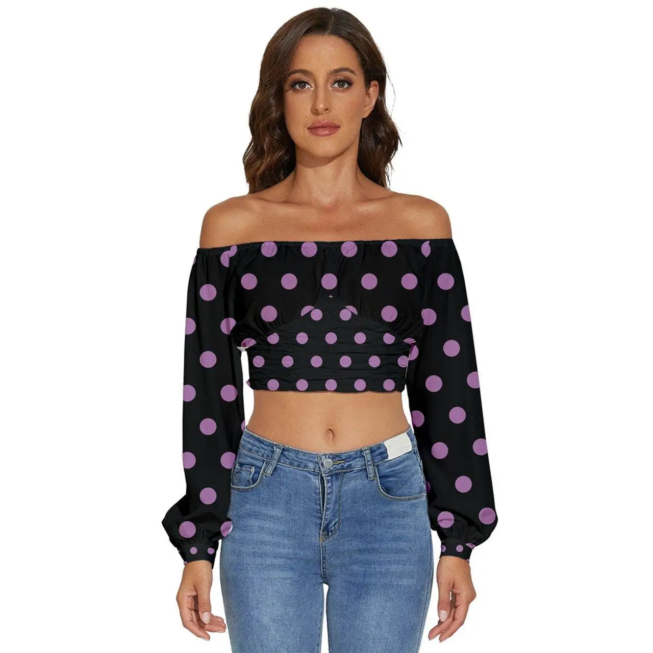 Long Sleeve Crinkled Weave Dots Black Crop Top - IVORYNN
