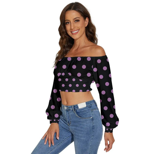 Long Sleeve Crinkled Weave Dots Black Crop Top - IVORYNN