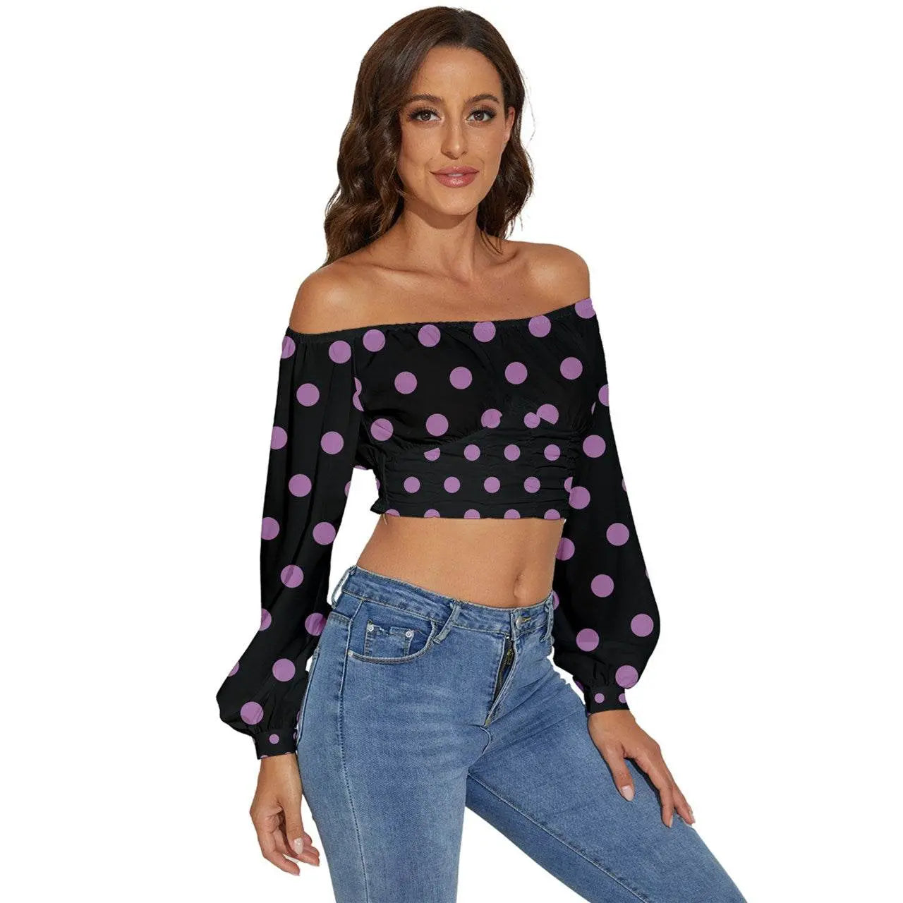 Long Sleeve Crinkled Weave Dots Black Crop Top - IVORYNN
