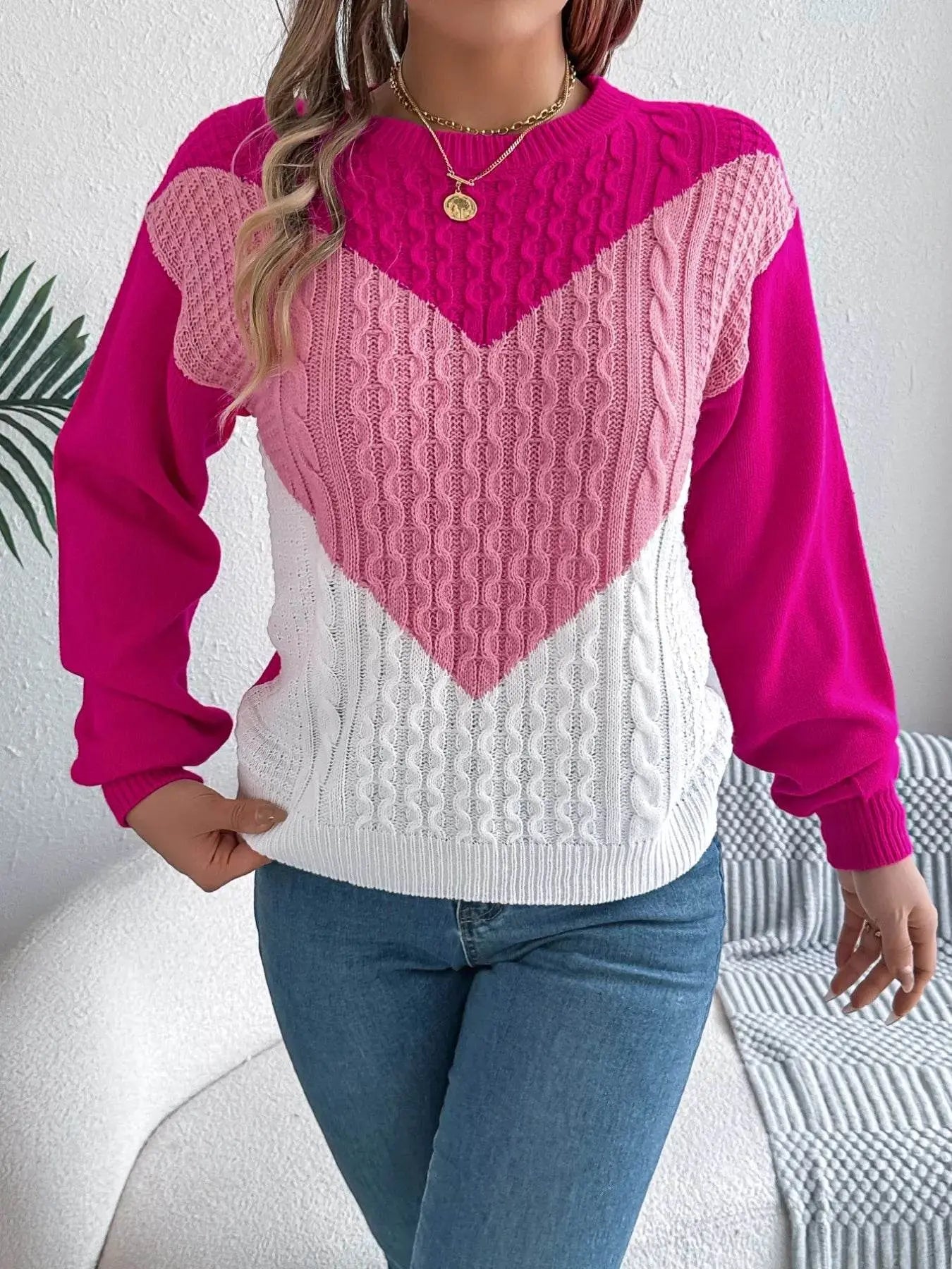 Long Sleeves Warm Cable Pink Knit Sweater - IVORYNN