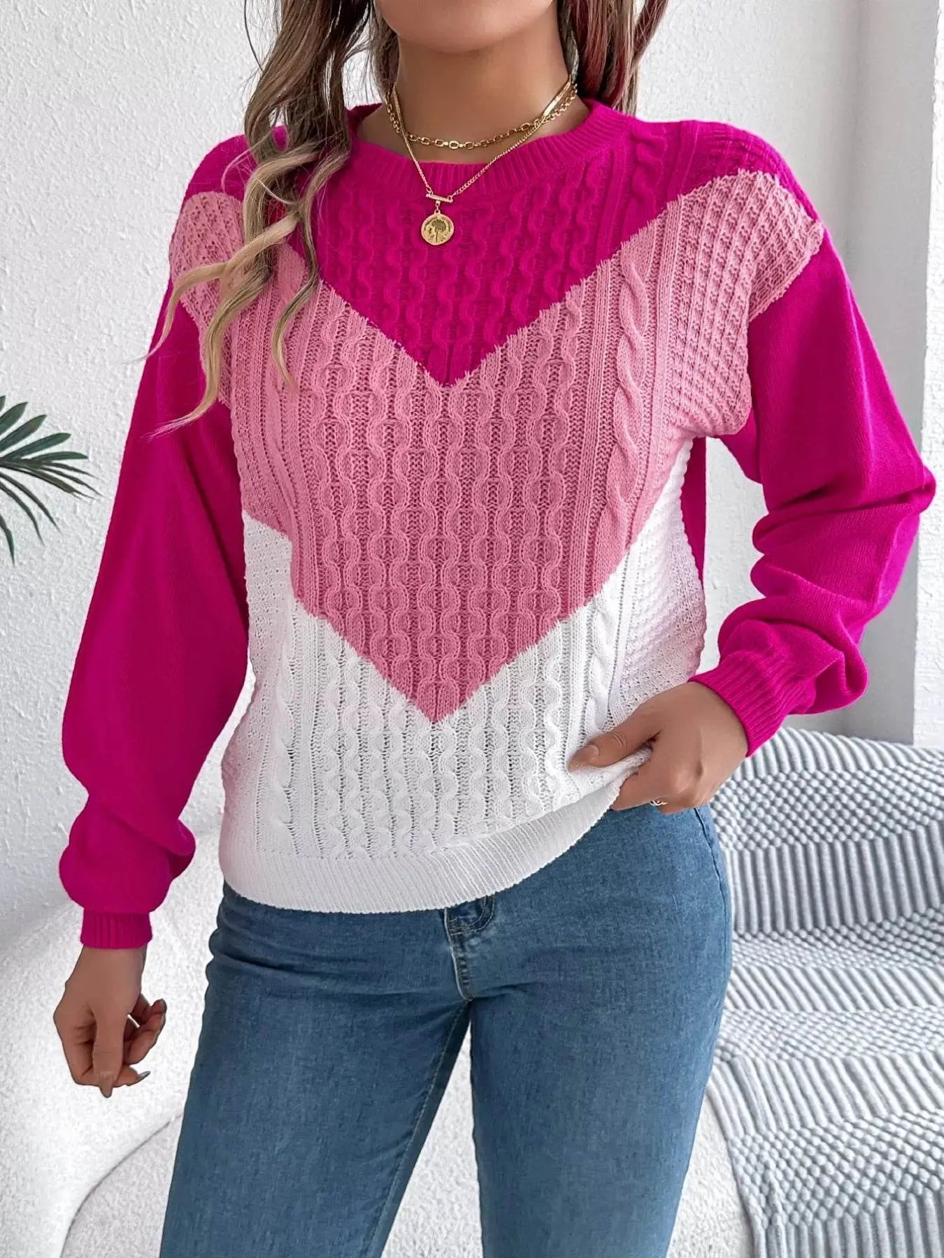 Long Sleeves Warm Cable Pink Knit Sweater - IVORYNN