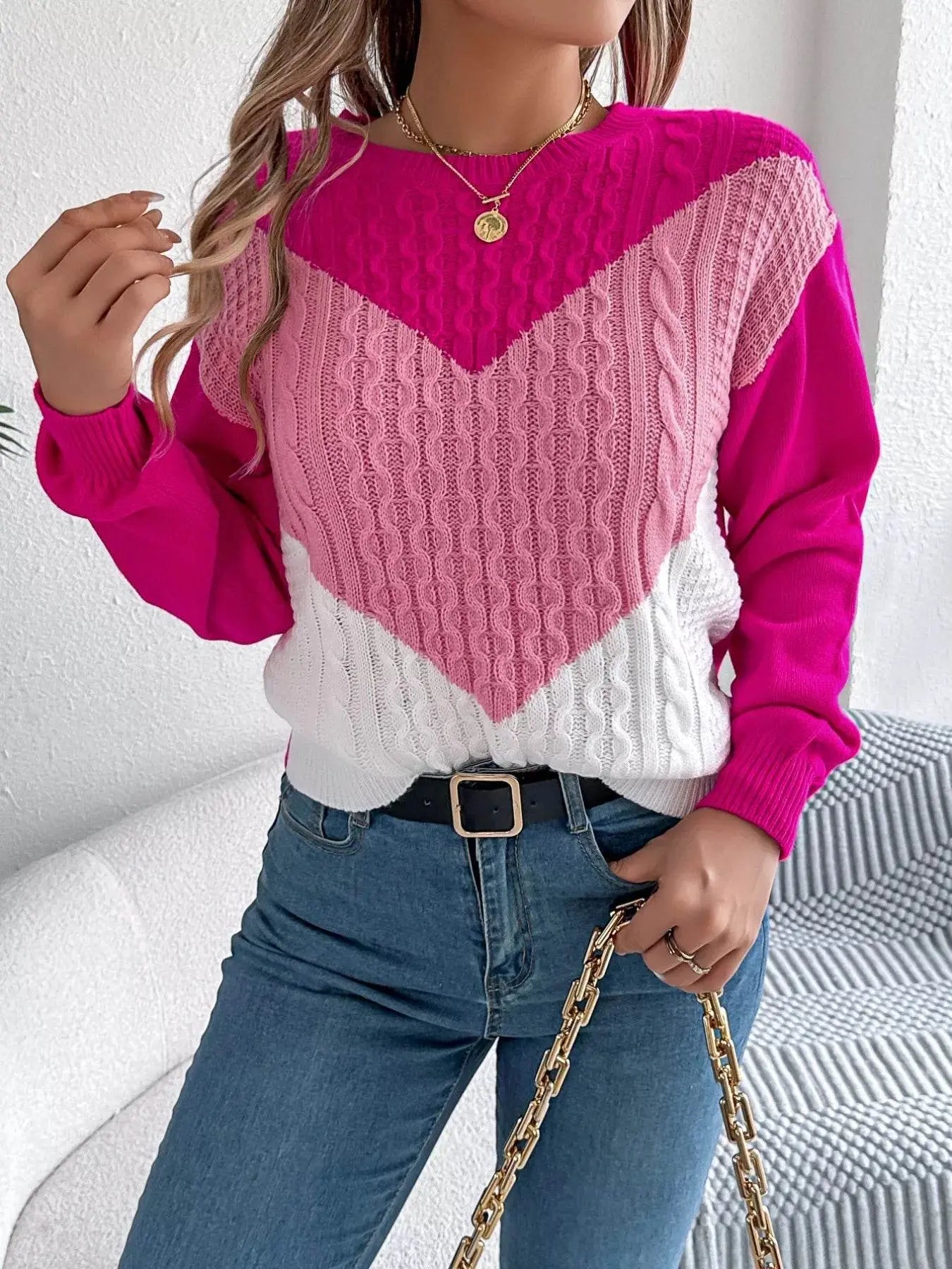 Long Sleeves Warm Cable Pink Knit Sweater - IVORYNN