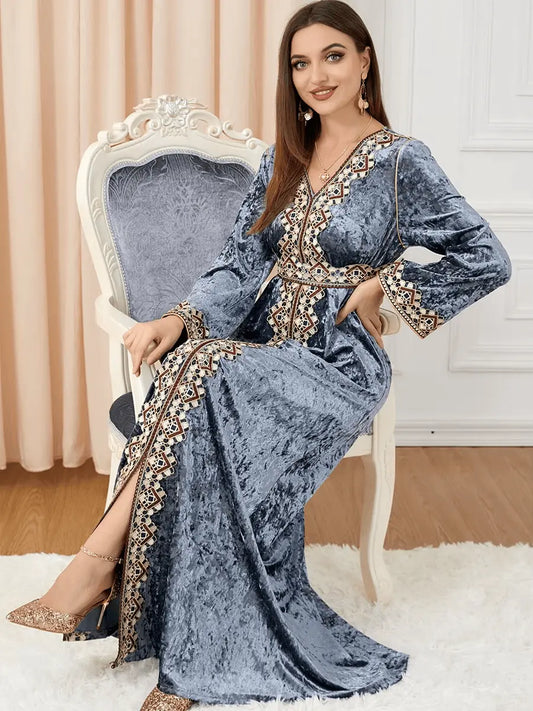 Luxury Gray Velvet Floral Weaving Moroccan Kaftan - IVORYNN