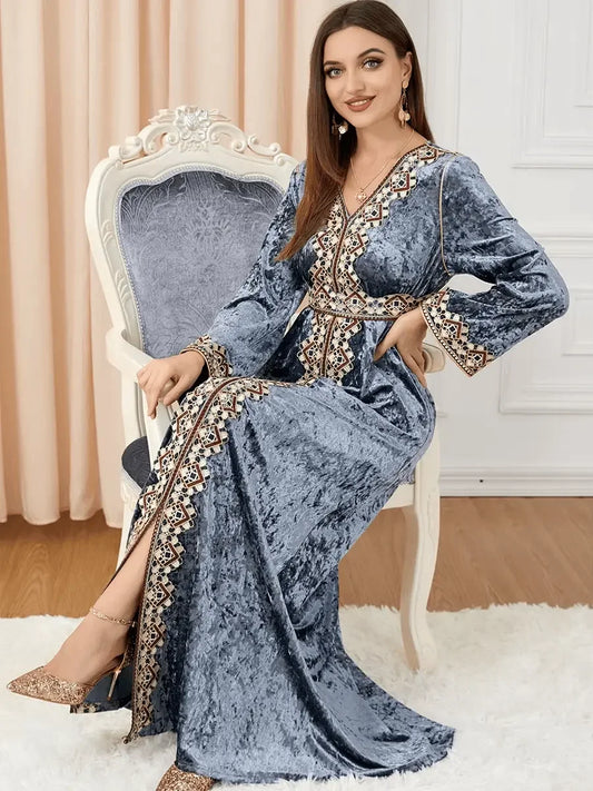 Luxury Gray Velvet Floral Weaving Moroccan Kaftan - IVORYNN