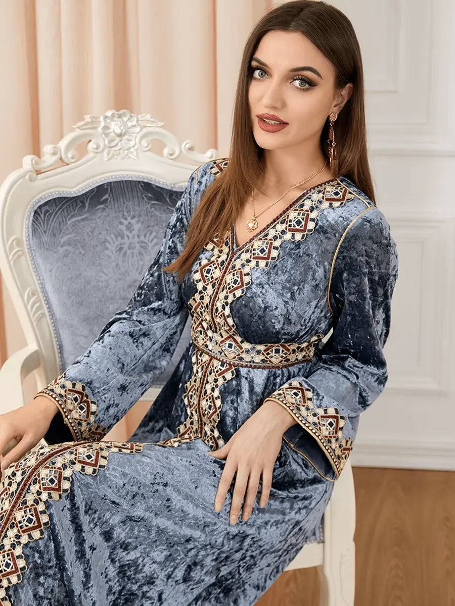 Luxury Gray Velvet Floral Weaving Moroccan Kaftan - IVORYNN