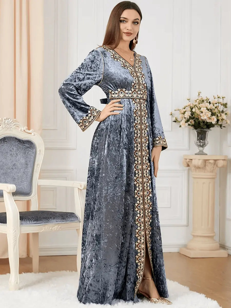 Luxury Gray Velvet Floral Weaving Moroccan Kaftan - IVORYNN