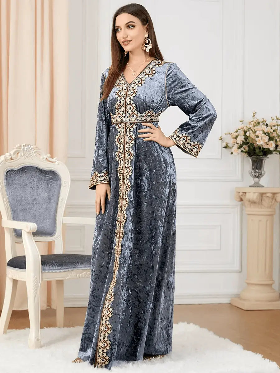 Luxury Gray Velvet Floral Weaving Moroccan Kaftan - IVORYNN