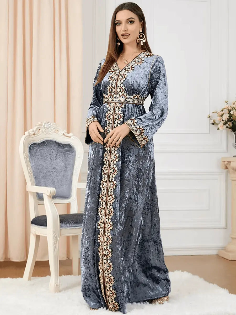 Luxury Gray Velvet Floral Weaving Moroccan Kaftan - IVORYNN