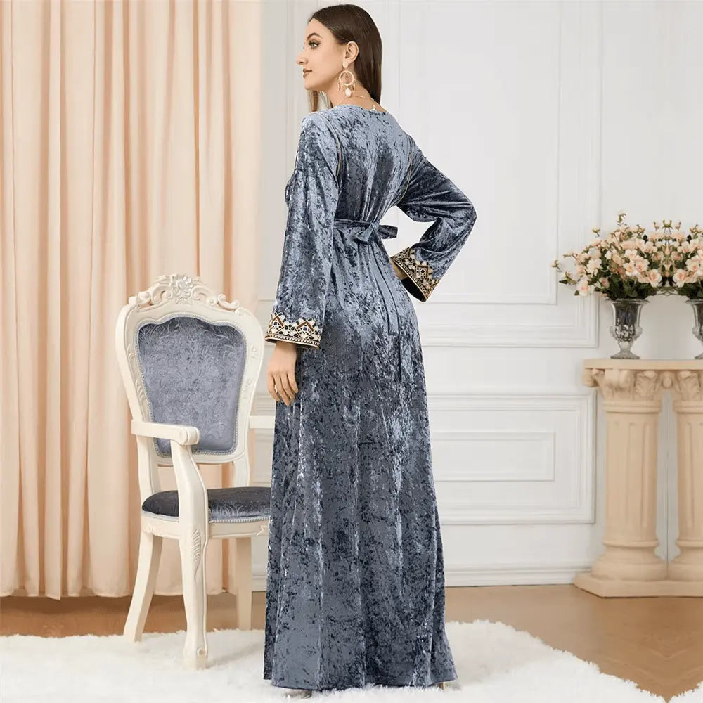 Luxury Gray Velvet Floral Weaving Moroccan Kaftan - IVORYNN