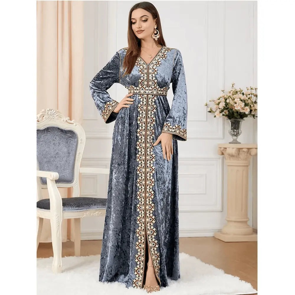 Luxury Gray Velvet Floral Weaving Moroccan Kaftan - IVORYNN