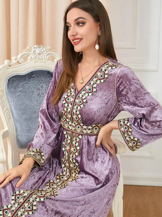 Luxury Pink Velvet Floral Weaving Moroccan Kaftan - IVORYNN