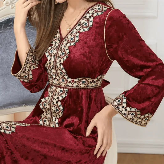 Luxury Red Velvet Floral Weaving Moroccan Kaftan - IVORYNN