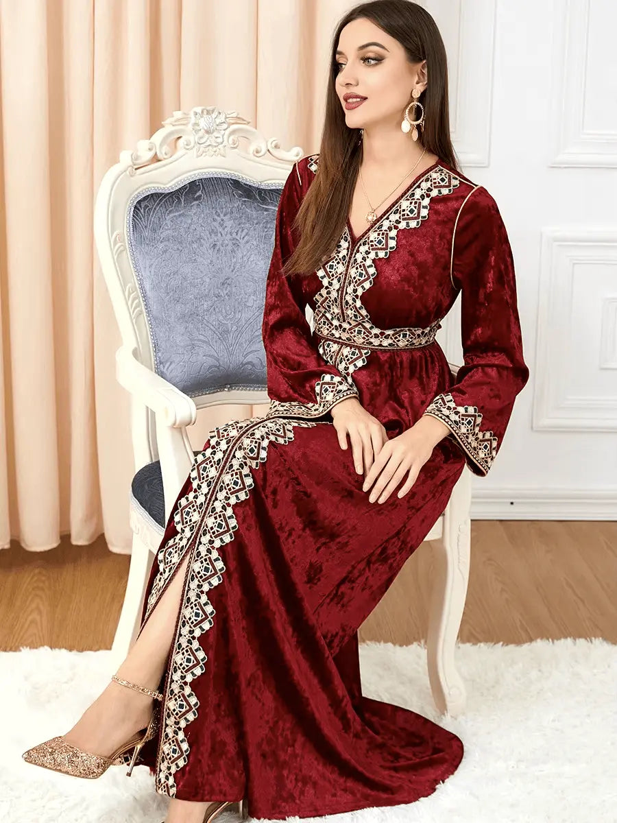 Luxury Red Velvet Floral Weaving Moroccan Kaftan - IVORYNN