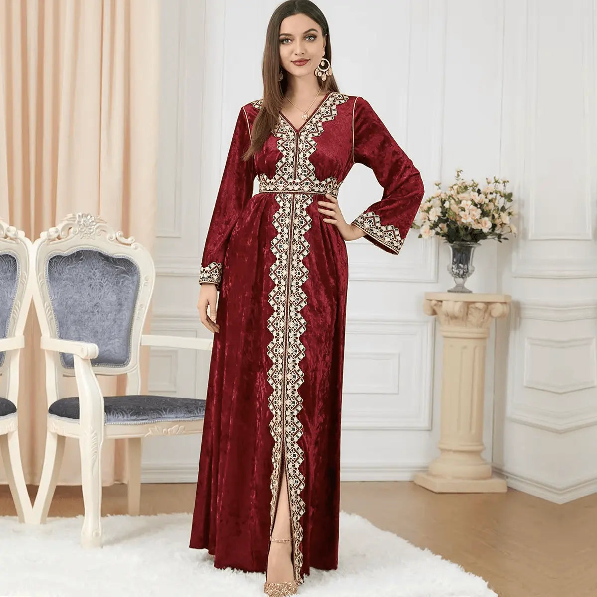 Luxury Red Velvet Floral Weaving Moroccan Kaftan - IVORYNN