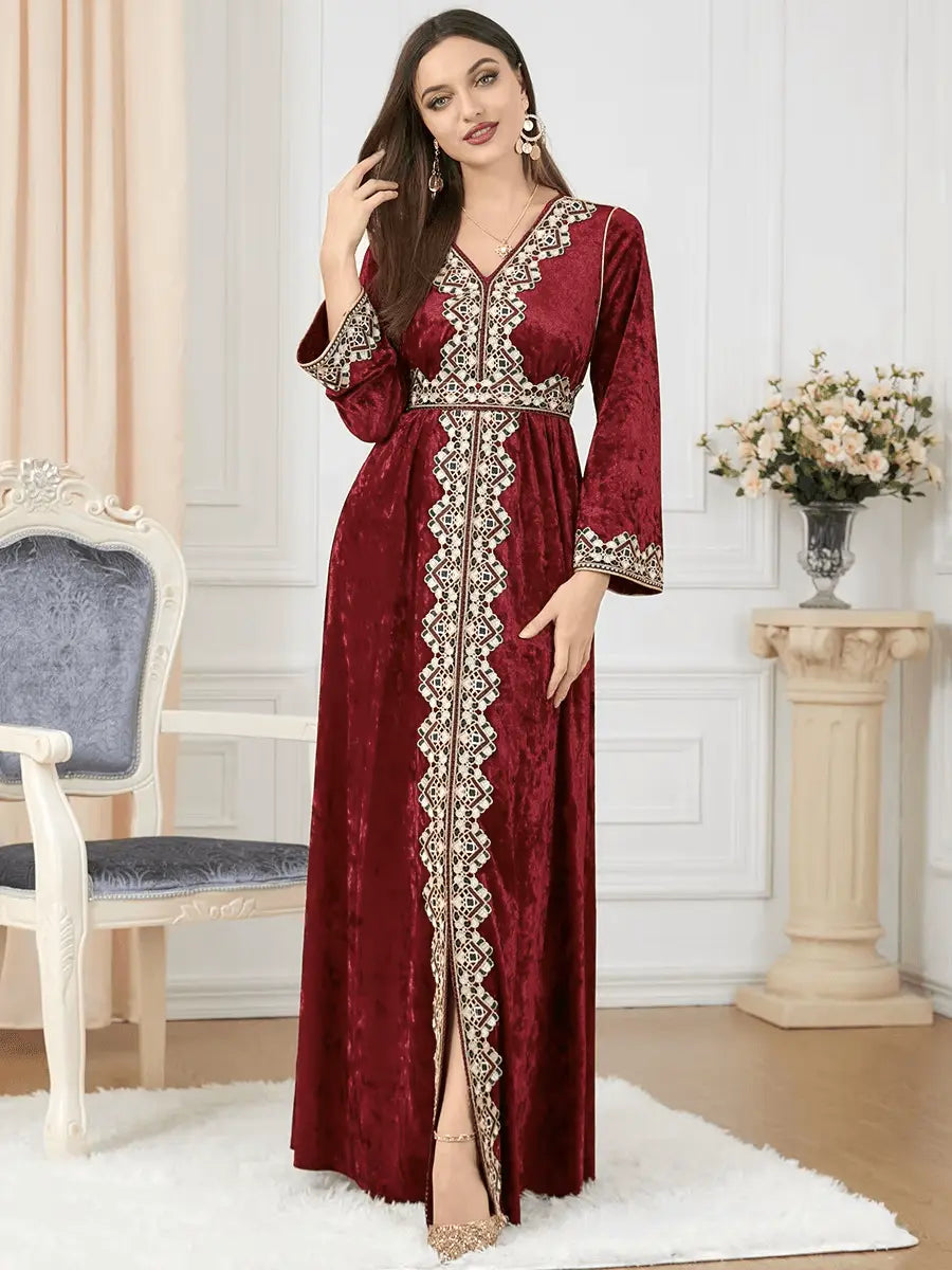 Luxury Red Velvet Floral Weaving Moroccan Kaftan - IVORYNN