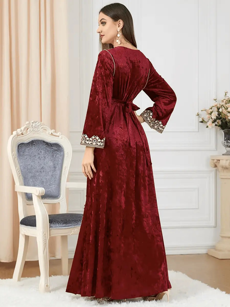 Luxury Red Velvet Floral Weaving Moroccan Kaftan - IVORYNN