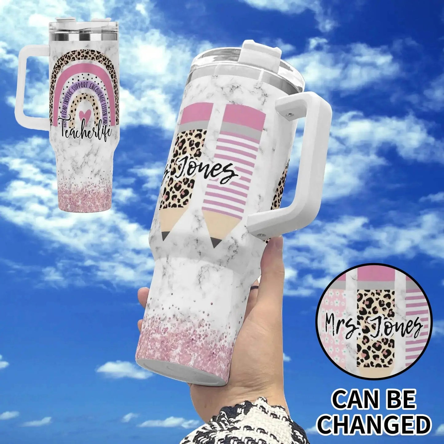 MRS JONES 40oz Stainless Steel Tumbler With White Handle and Straw - IVORYNN