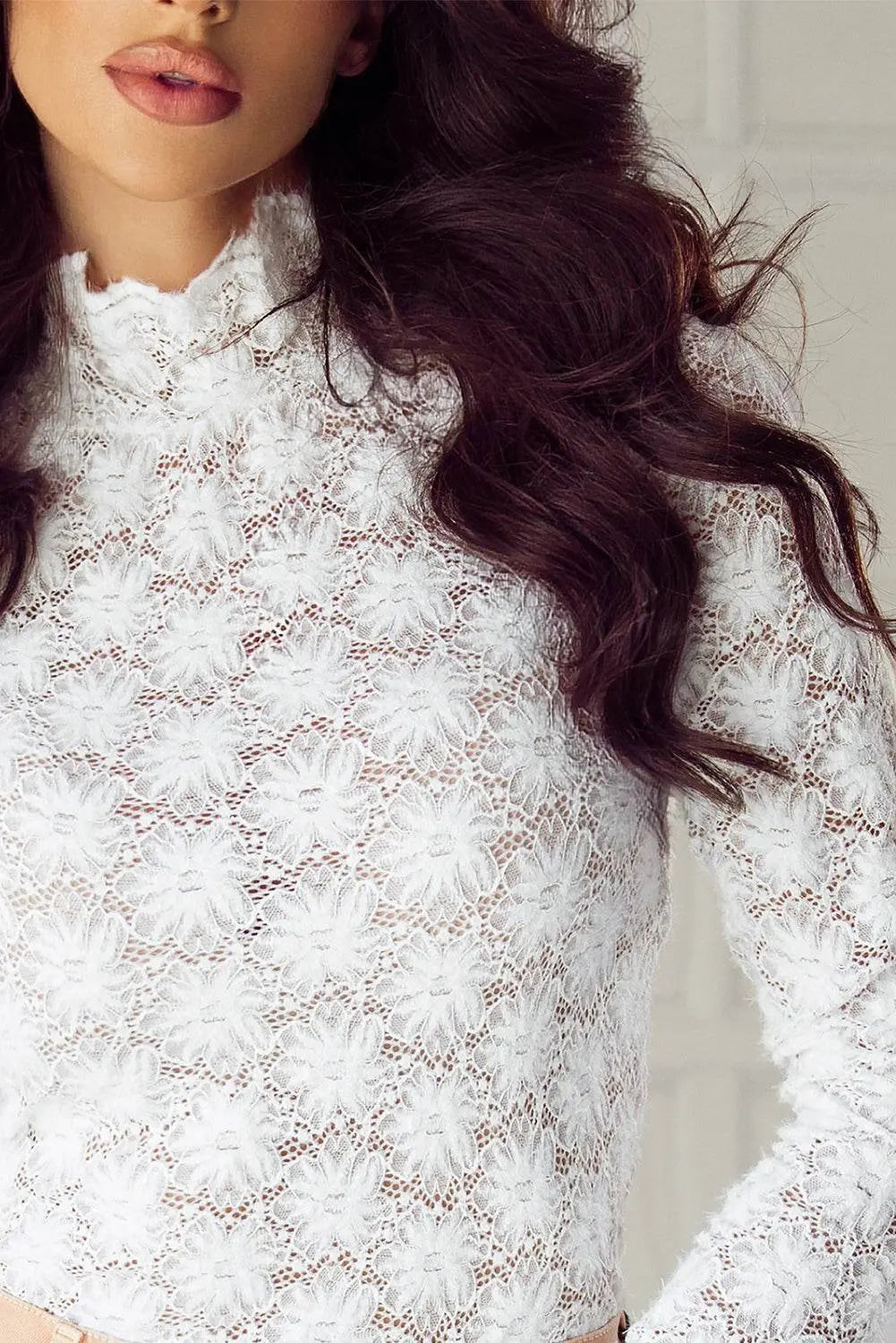 Mock Neck Long Sleeve Lace Blouse - IVORYNN