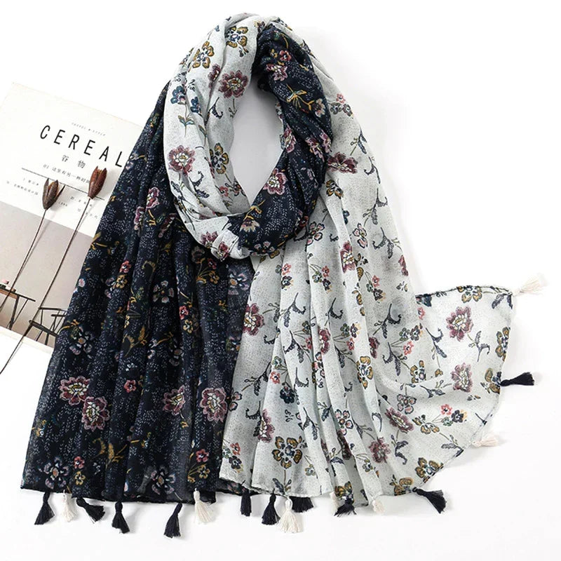 Cotton Linen Retro Twilight Blue Floral Long Scarf